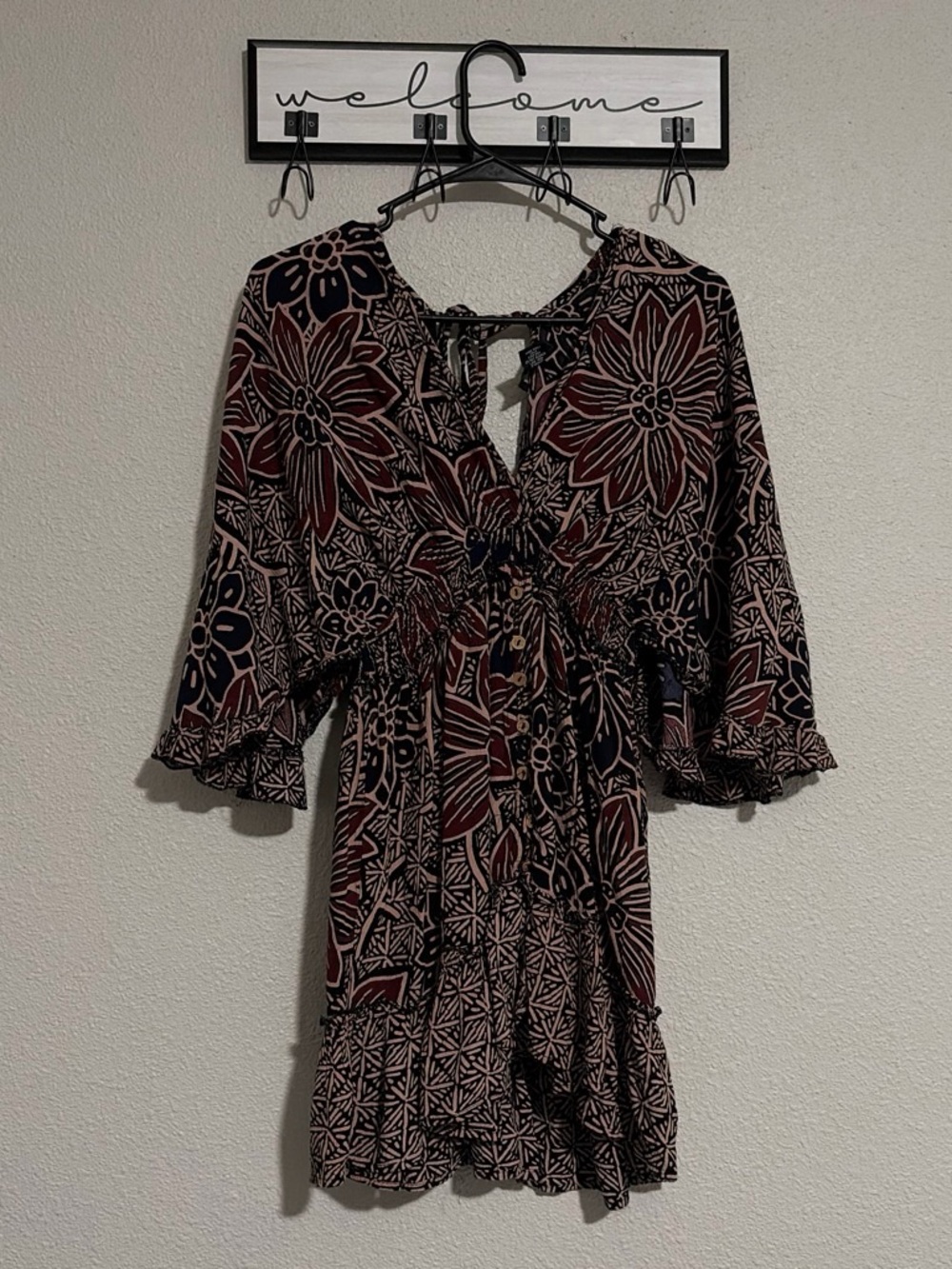 Angie Burgundy and Black Floral Tie-Front Mini Dress
